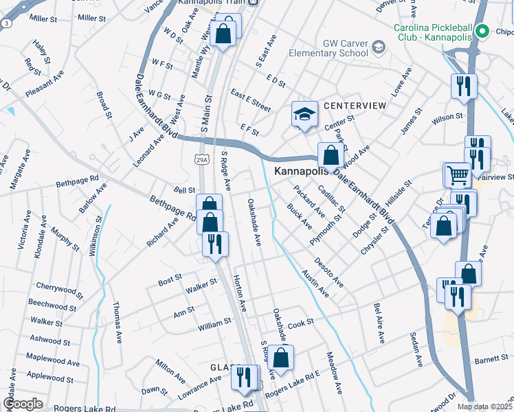 map of restaurants, bars, coffee shops, grocery stores, and more near 708 Oakshade Avenue in Kannapolis