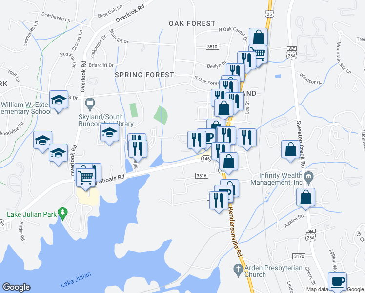 map of restaurants, bars, coffee shops, grocery stores, and more near 30 Allen Avenue in Asheville