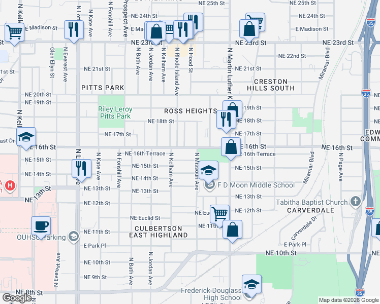 map of restaurants, bars, coffee shops, grocery stores, and more near 1724 Northeast 16th Street in Oklahoma City