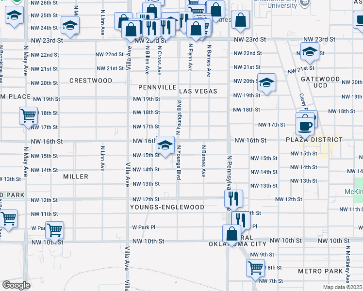 map of restaurants, bars, coffee shops, grocery stores, and more near 1617 North Youngs Boulevard in Oklahoma City