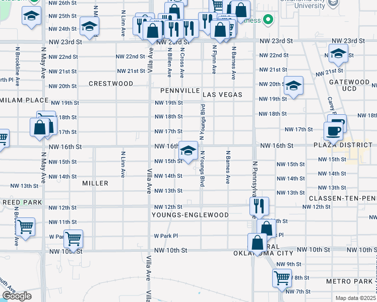 map of restaurants, bars, coffee shops, grocery stores, and more near 2336 Northwest 16th Street in Oklahoma City