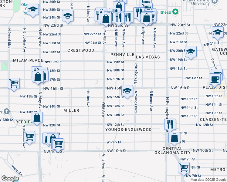 map of restaurants, bars, coffee shops, grocery stores, and more near 2424 Northwest 16th Street in Oklahoma City