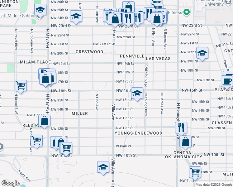 map of restaurants, bars, coffee shops, grocery stores, and more near 2424 Northwest 16th Street in Oklahoma City