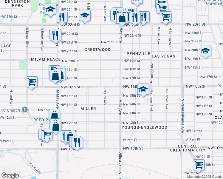 map of restaurants, bars, coffee shops, grocery stores, and more near 2536 Northwest 16th Street in Oklahoma City