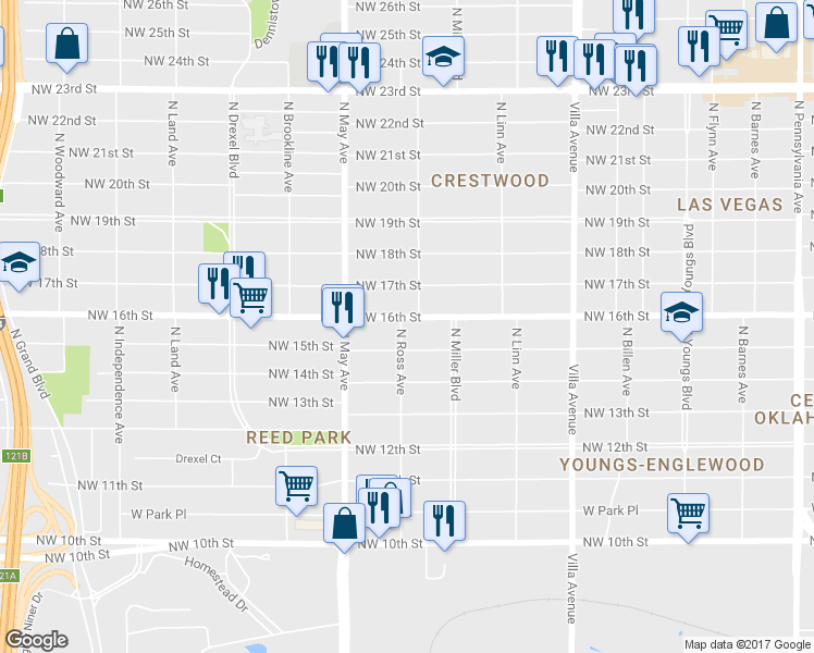 map of restaurants, bars, coffee shops, grocery stores, and more near 2730 Northwest 16th Street in Oklahoma City