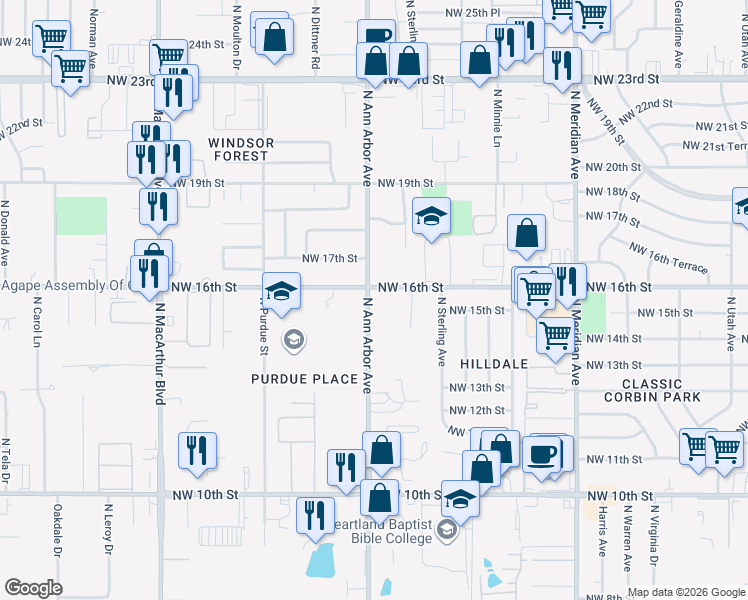 map of restaurants, bars, coffee shops, grocery stores, and more near 5020 Northwest 16th Street in Oklahoma City