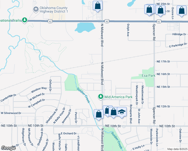 map of restaurants, bars, coffee shops, grocery stores, and more near 1509 Northeast 16th Street in Midwest City