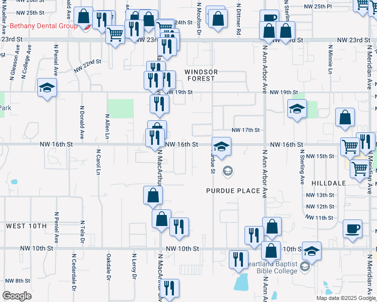 map of restaurants, bars, coffee shops, grocery stores, and more near 1613 Julie Place in Oklahoma City