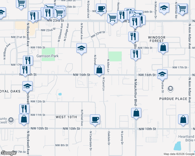 map of restaurants, bars, coffee shops, grocery stores, and more near 1615 North Carol Lane in Oklahoma City
