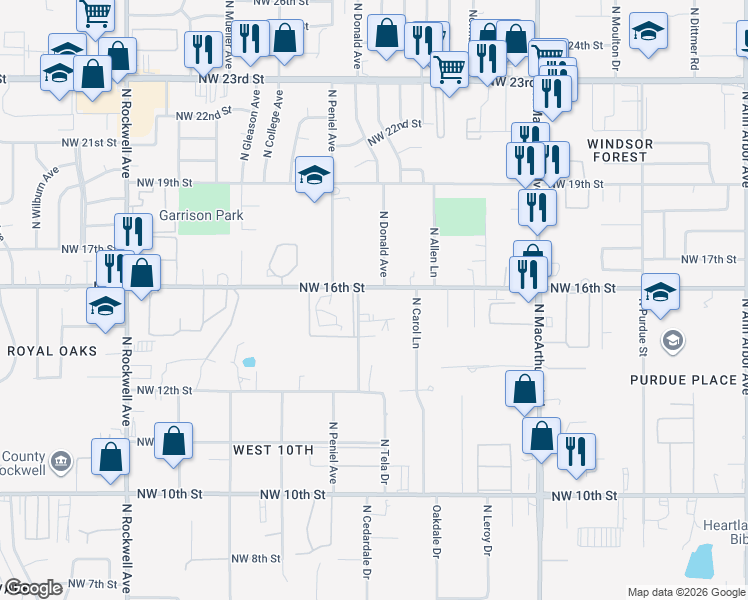 map of restaurants, bars, coffee shops, grocery stores, and more near 6432 Northwest 16th Street in Oklahoma City