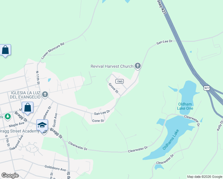 map of restaurants, bars, coffee shops, grocery stores, and more near 203 Grove Street in Sanford