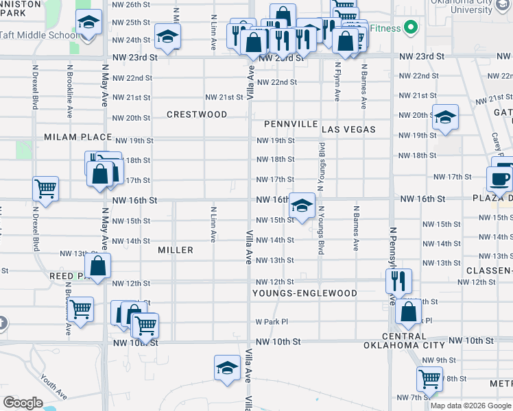 map of restaurants, bars, coffee shops, grocery stores, and more near 2424 Northwest 16th Street in Oklahoma City