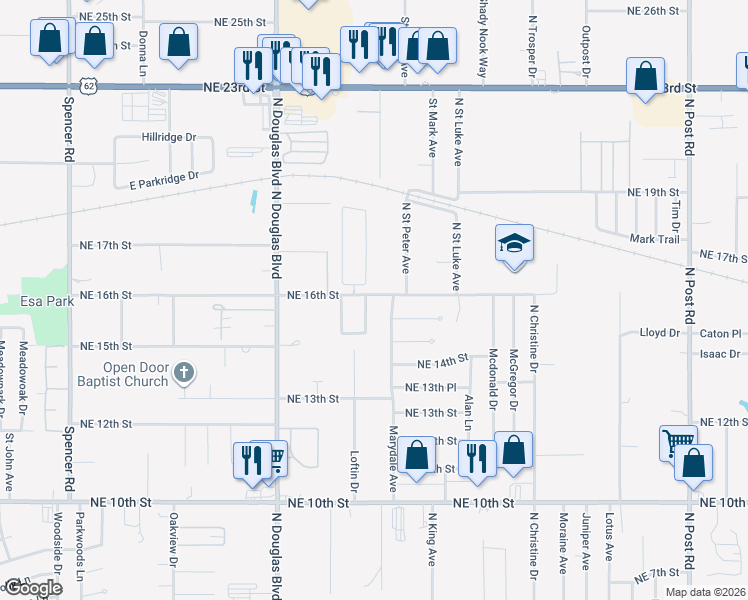map of restaurants, bars, coffee shops, grocery stores, and more near 1624 Melinda Lane in Midwest City