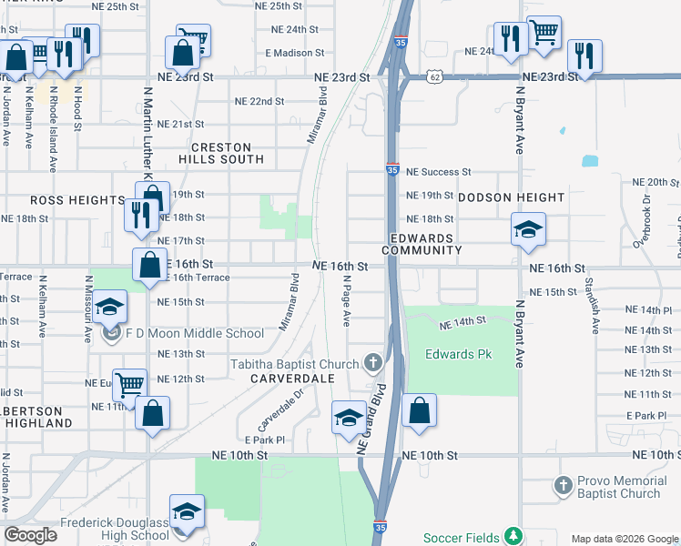 map of restaurants, bars, coffee shops, grocery stores, and more near 2504 Northeast 16th Street in Oklahoma City