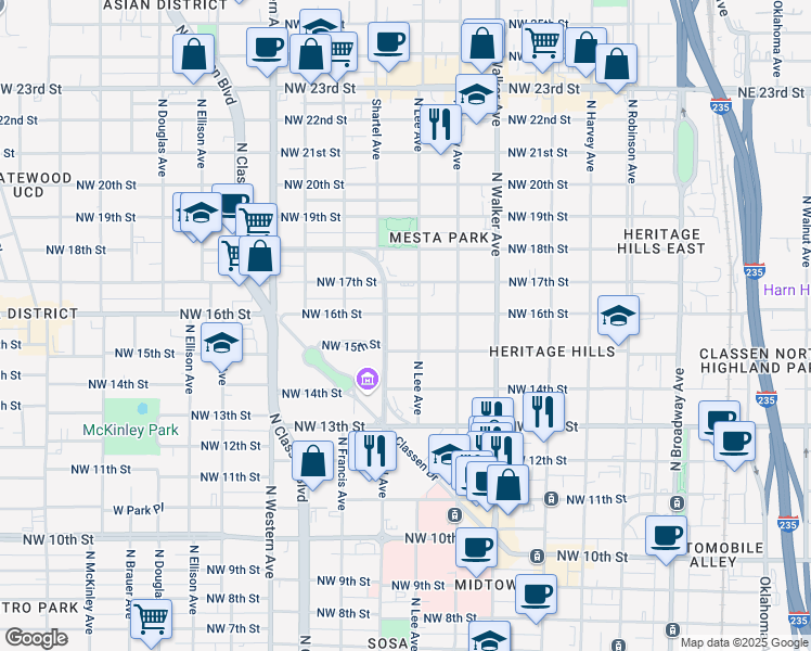 map of restaurants, bars, coffee shops, grocery stores, and more near 632 Northwest 16th Street in Oklahoma City