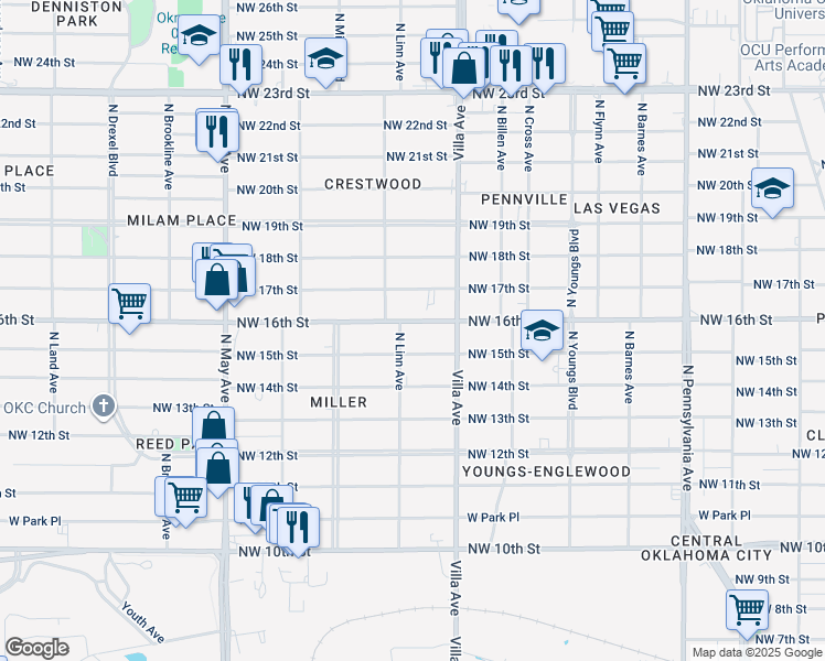 map of restaurants, bars, coffee shops, grocery stores, and more near 2536 Northwest 16th Street in Oklahoma City