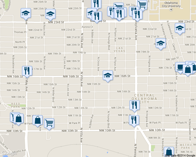 map of restaurants, bars, coffee shops, grocery stores, and more near 2336 NW 16th St in Oklahoma City