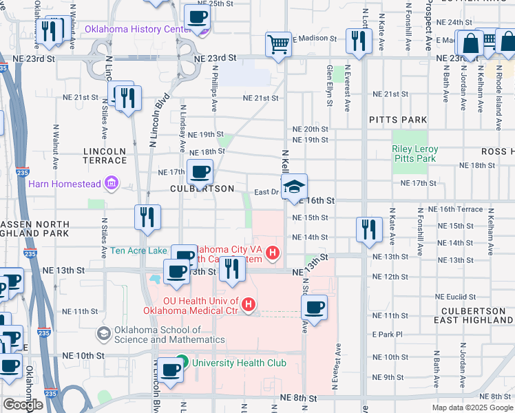 map of restaurants, bars, coffee shops, grocery stores, and more near 833 Northeast 16th Street in Oklahoma City