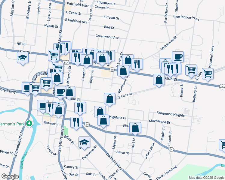 map of restaurants, bars, coffee shops, grocery stores, and more near 460 South Evans Street in Shelbyville