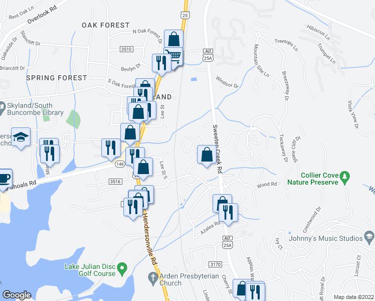 map of restaurants, bars, coffee shops, grocery stores, and more near 48 Ravencroft Lane in Asheville