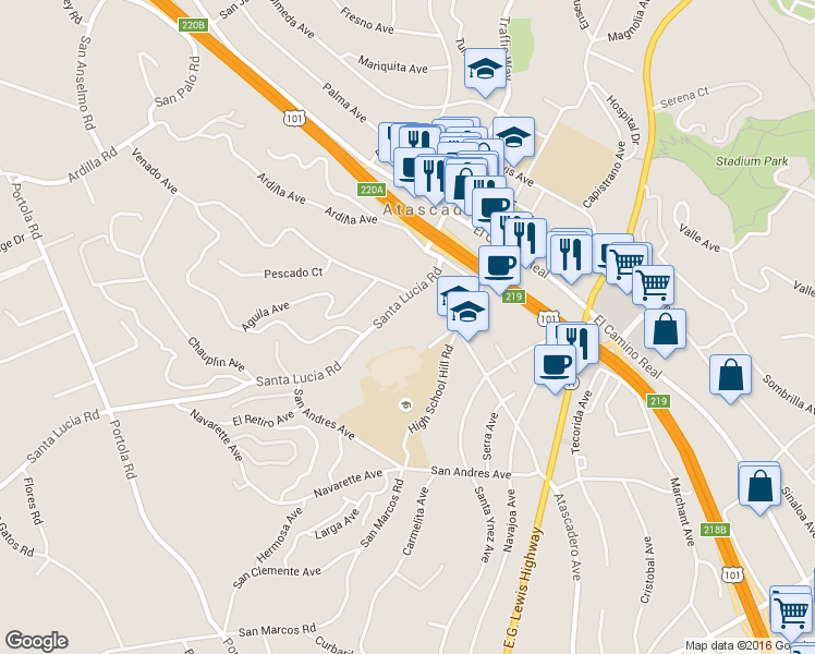 map of restaurants, bars, coffee shops, grocery stores, and more near 6855 Santa Lucia Road in Atascadero