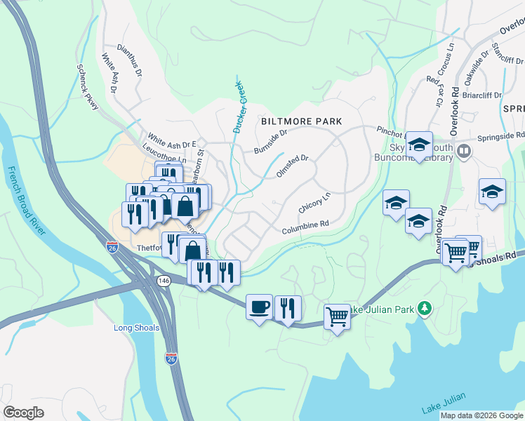 map of restaurants, bars, coffee shops, grocery stores, and more near 1063 Columbine Road in Asheville