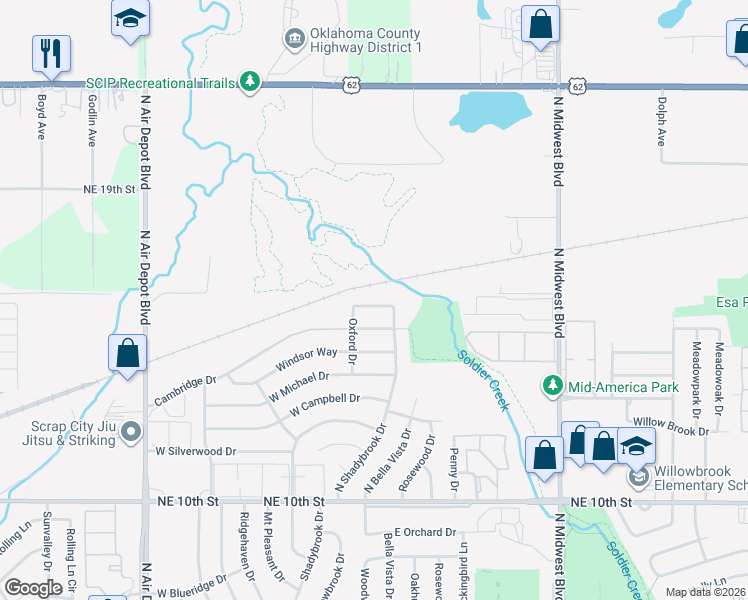 map of restaurants, bars, coffee shops, grocery stores, and more near 107 London Lane in Midwest City