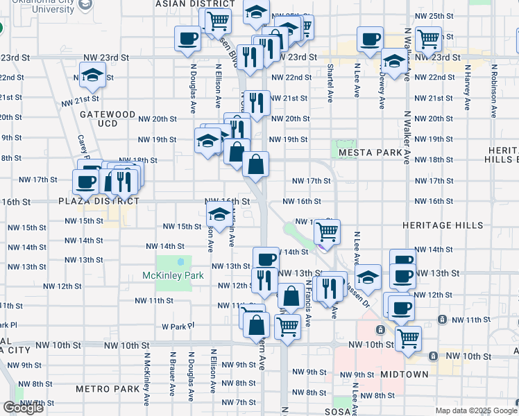 map of restaurants, bars, coffee shops, grocery stores, and more near 1625 North Classen Boulevard in Oklahoma City
