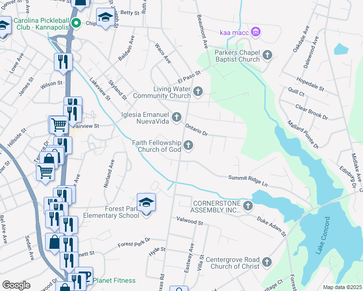map of restaurants, bars, coffee shops, grocery stores, and more near 228 South Little Texas Road in Kannapolis