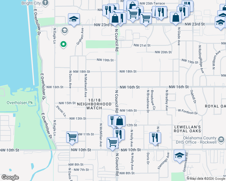 map of restaurants, bars, coffee shops, grocery stores, and more near 8010 Northwest 16th Street in Oklahoma City