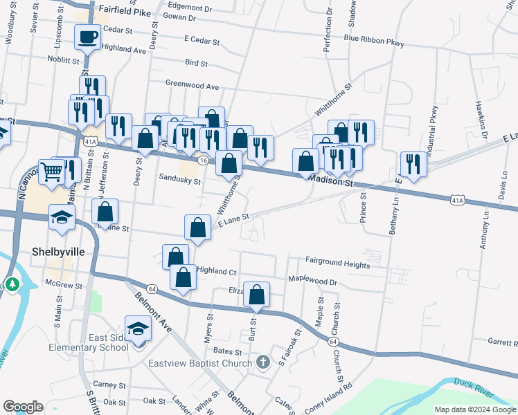 map of restaurants, bars, coffee shops, grocery stores, and more near 603 East Lane Street in Shelbyville