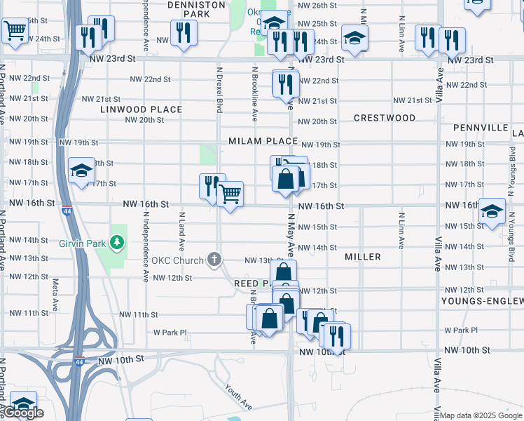 map of restaurants, bars, coffee shops, grocery stores, and more near 2938 Northwest 16th Street in Oklahoma City