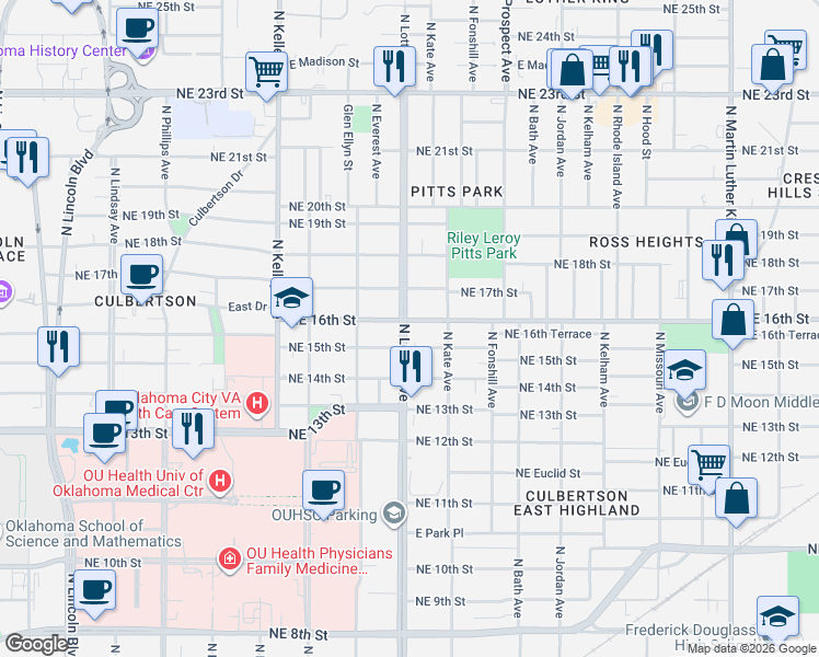 map of restaurants, bars, coffee shops, grocery stores, and more near 1300 Northeast 16th Street in Oklahoma City