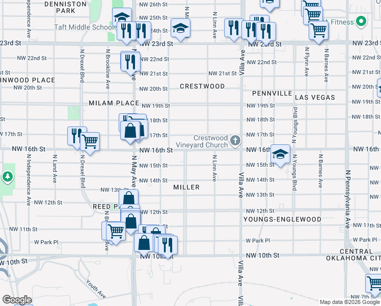 map of restaurants, bars, coffee shops, grocery stores, and more near 1615 North Miller Boulevard in Oklahoma City