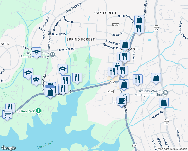 map of restaurants, bars, coffee shops, grocery stores, and more near 12 Sky Exchange Drive in Asheville