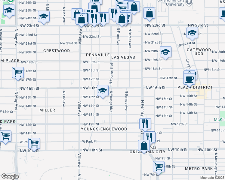 map of restaurants, bars, coffee shops, grocery stores, and more near 2244 Northwest 16th Street in Oklahoma City