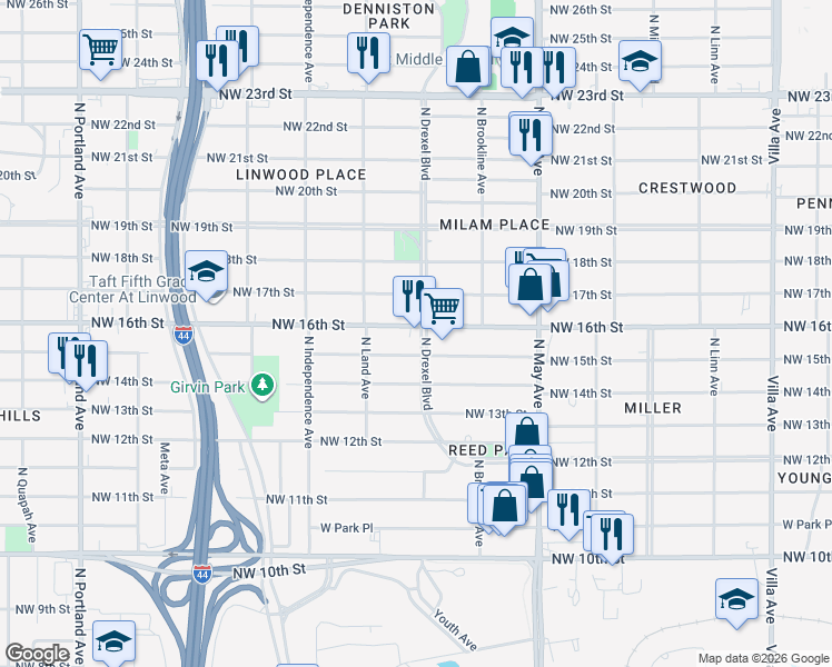 map of restaurants, bars, coffee shops, grocery stores, and more near 3104 Northwest 16th Street in Oklahoma City