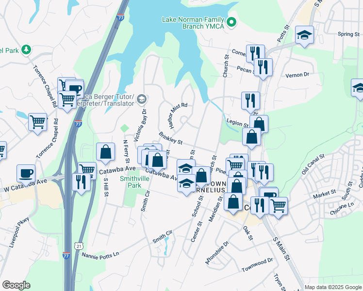 map of restaurants, bars, coffee shops, grocery stores, and more near 21020 Brinkley Street in Cornelius