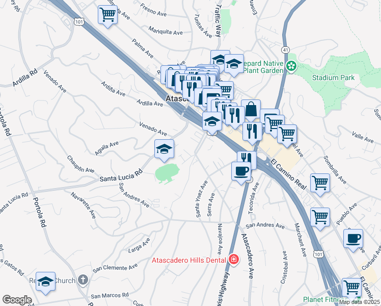map of restaurants, bars, coffee shops, grocery stores, and more near 6461 Nacimiento Avenue in Atascadero