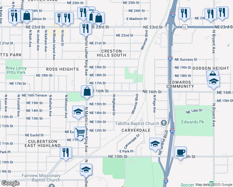 map of restaurants, bars, coffee shops, grocery stores, and more near 2137 Northeast 16th Terrace in Oklahoma City