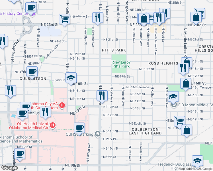 map of restaurants, bars, coffee shops, grocery stores, and more near 1611 North Kate Avenue in Oklahoma City