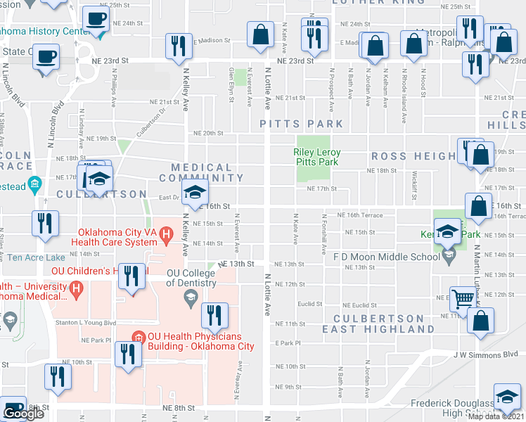 map of restaurants, bars, coffee shops, grocery stores, and more near 1300 Northeast 16th Street in Oklahoma City