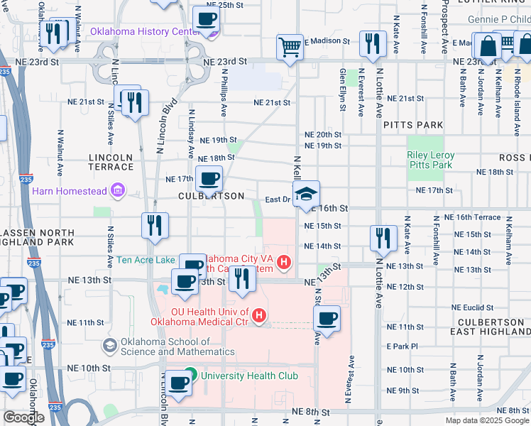 map of restaurants, bars, coffee shops, grocery stores, and more near 833 Northeast 16th Street in Oklahoma City