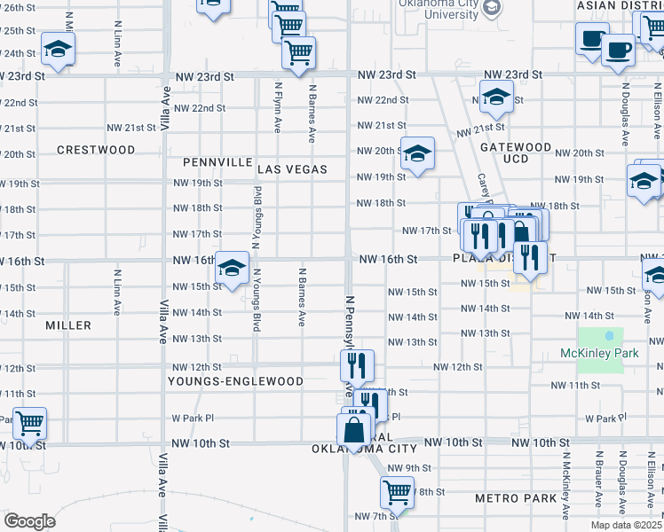 map of restaurants, bars, coffee shops, grocery stores, and more near 1611 North Pennsylvania Avenue in Oklahoma City
