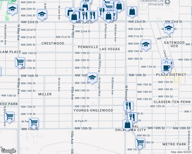 map of restaurants, bars, coffee shops, grocery stores, and more near 1617 North Youngs Boulevard in Oklahoma City