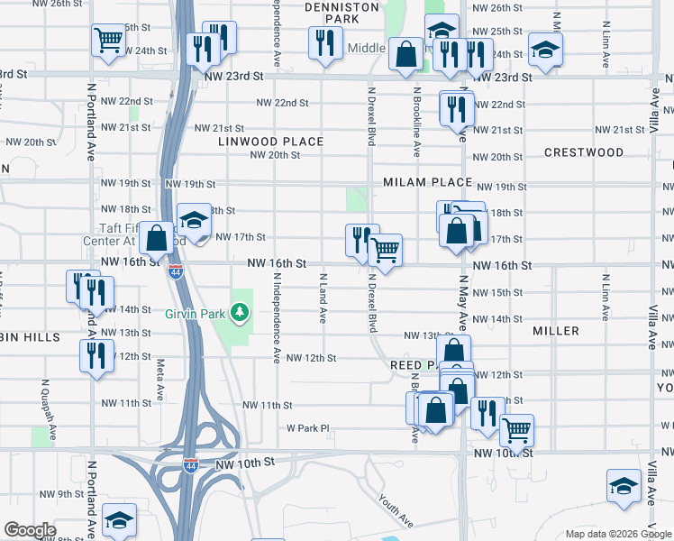 map of restaurants, bars, coffee shops, grocery stores, and more near 1612 North Land Avenue in Oklahoma City