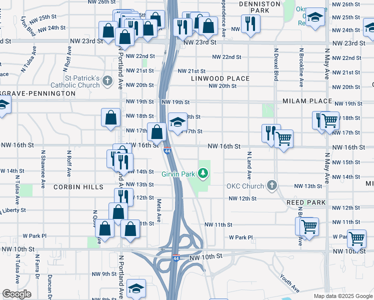 map of restaurants, bars, coffee shops, grocery stores, and more near 3427 Northwest 15th Street in Oklahoma City