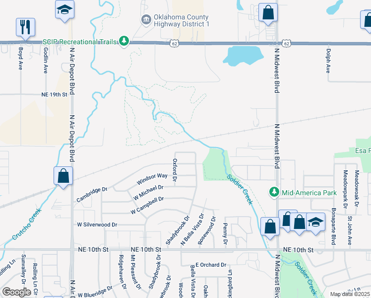 map of restaurants, bars, coffee shops, grocery stores, and more near 107 London Lane in Midwest City