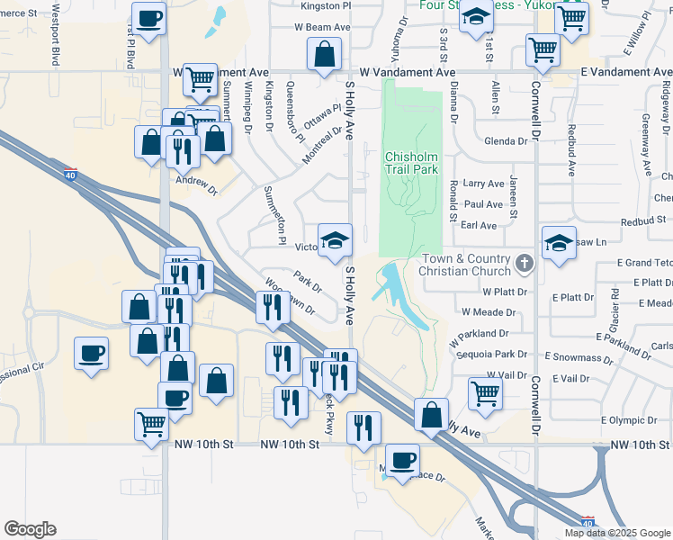 map of restaurants, bars, coffee shops, grocery stores, and more near 2100 South Holly Avenue in Yukon