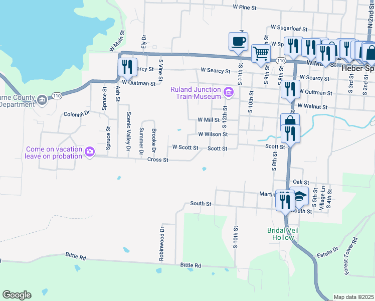 map of restaurants, bars, coffee shops, grocery stores, and more near 1503 Scott Street in Heber Springs